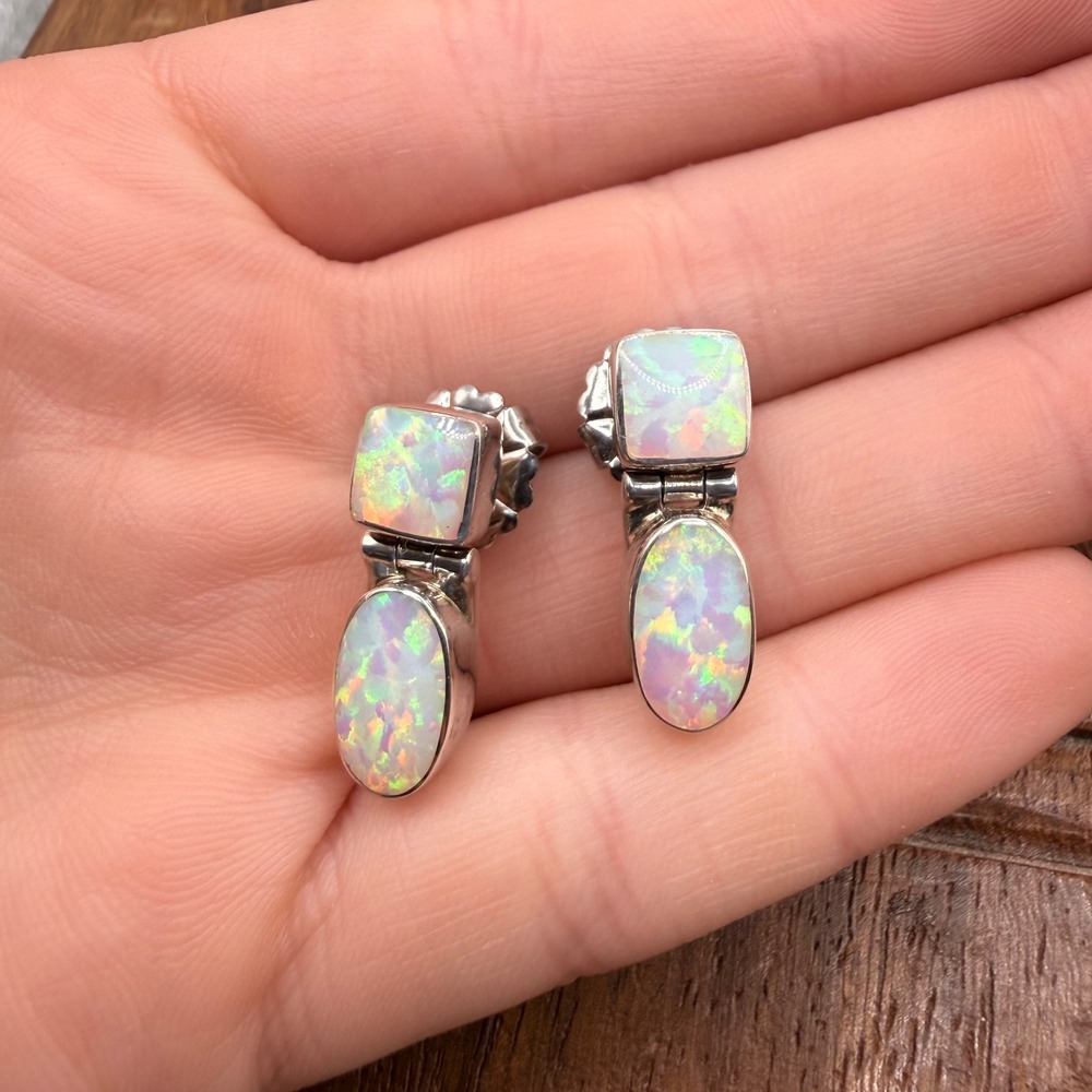 Antionette Cleoni Drop Earrings Sterling Silver Lab Opal Square Oval Dangle 925